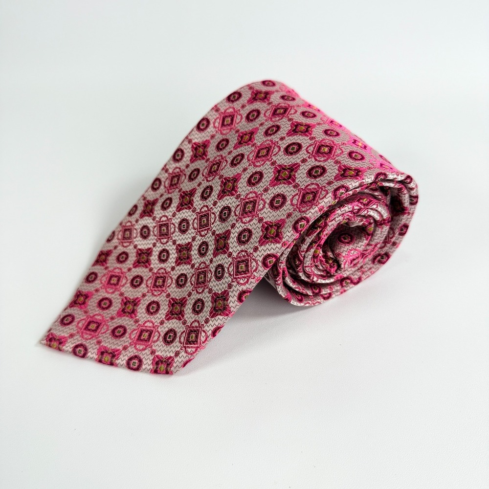 Ateseta Firenze Mens Necktie Silk Geometric Pink Gray Made in Italy 3.75